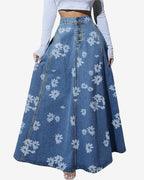 Chouyatou Women's Retro High Waisted Button Fly Flared Long Jean Skirts Pleated Flowy Swing A-line Denim Maxi Skirts
