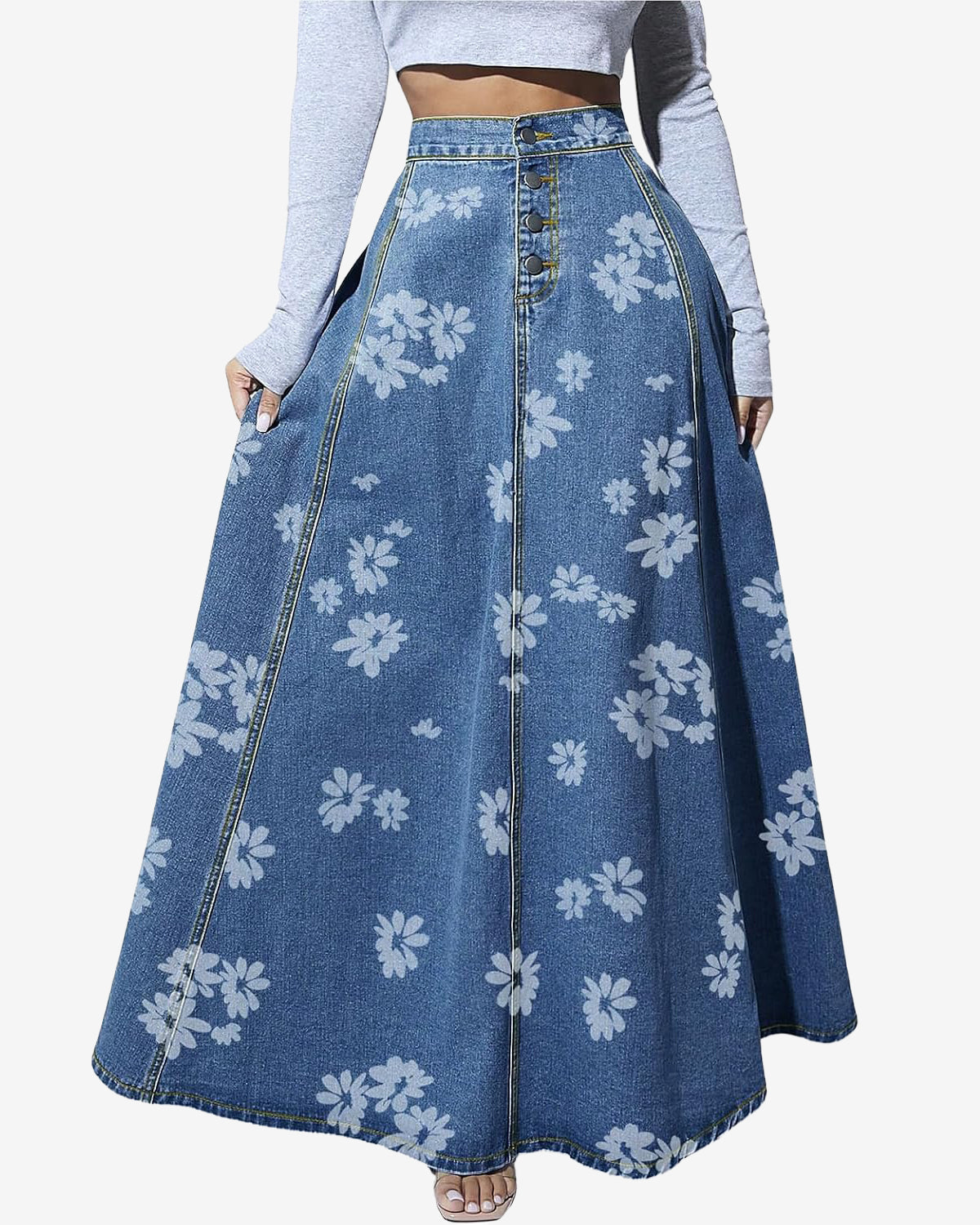 Chouyatou Women's Retro High Waisted Button Fly Flared Long Jean Skirts Pleated Flowy Swing A-line Denim Maxi Skirts