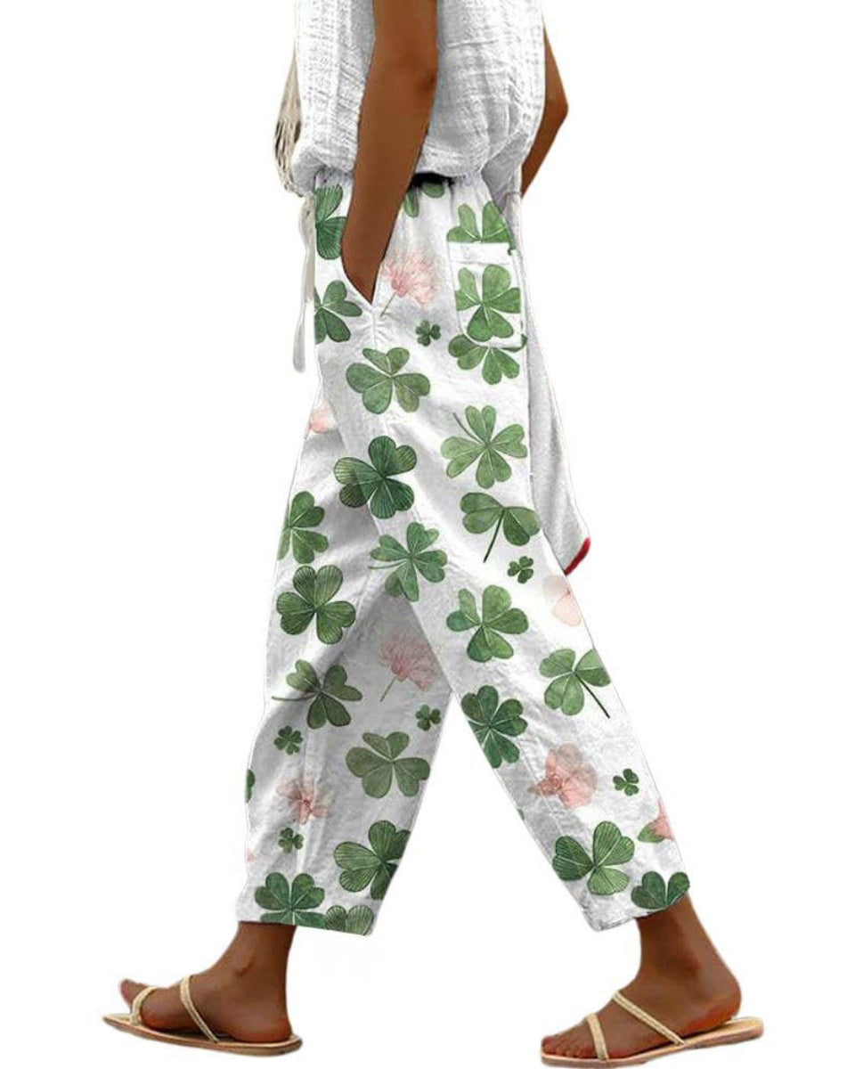 Chouyatou Women's Vintage Floral Print High Elastic Waist Wide Leg Capri Beach Palazzo Pants with Pockets