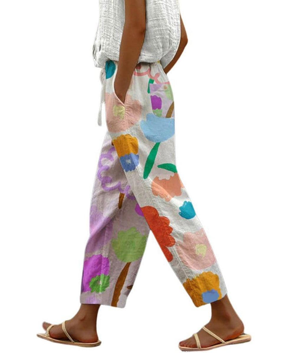 Chouyatou Women's Vintage Floral Print High Elastic Waist Wide Leg Capri Beach Palazzo Pants with Pockets