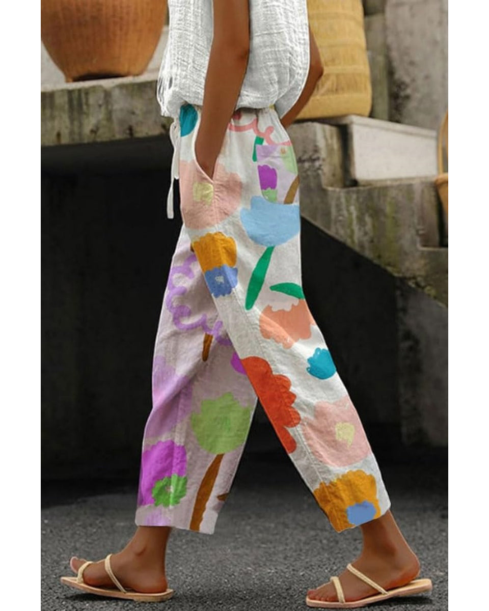 Chouyatou Women's Vintage Floral Print High Elastic Waist Wide Leg Capri Beach Palazzo Pants with Pockets