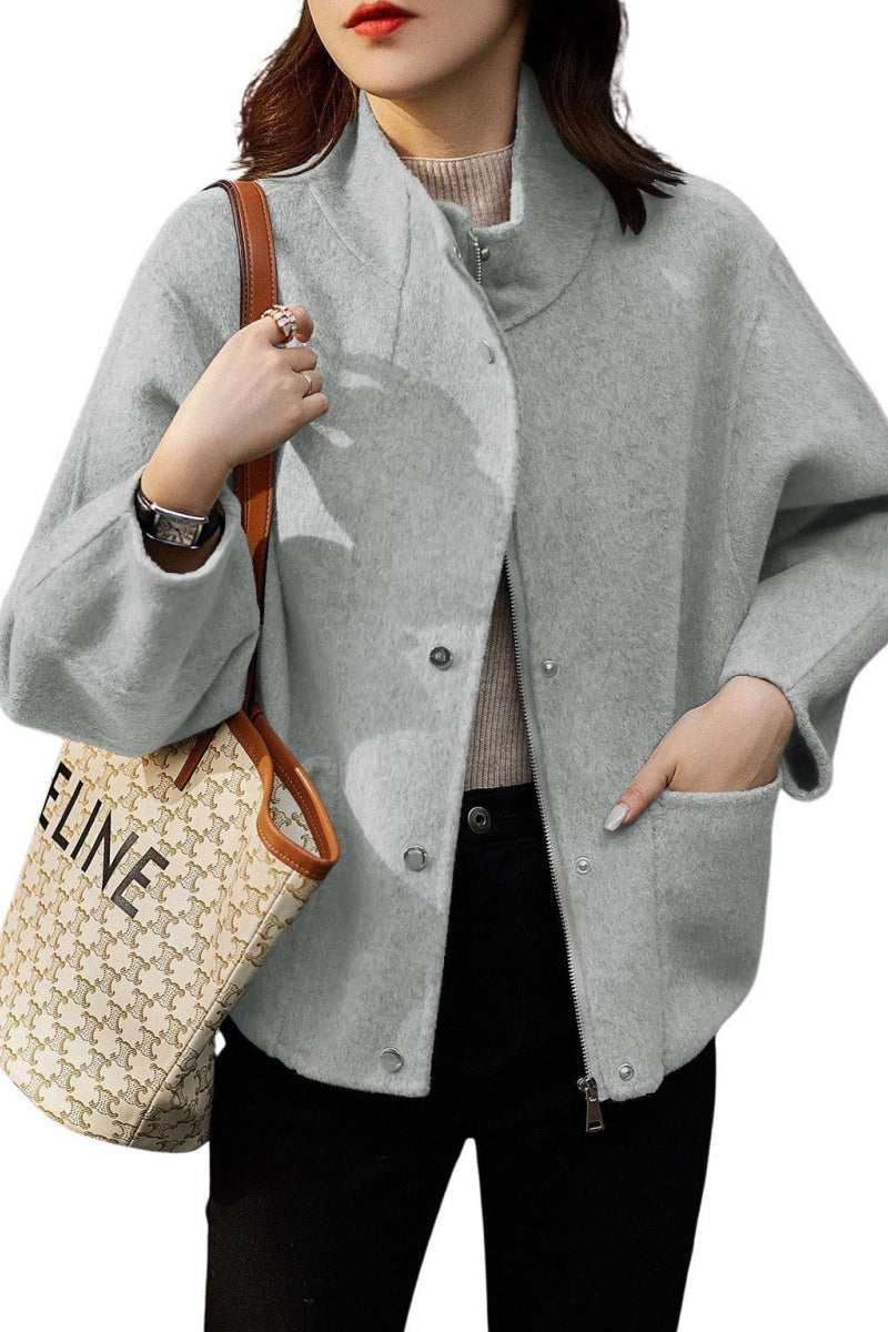 Chouyatou Women's Casual Stand Collar Single Breasted Short Wool Pea Coat Overcoat with Pockets