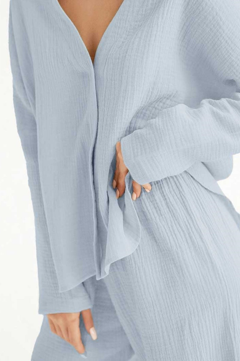 Chouyatou Womens Cotton Gauze Loungewear Sets Casual 2 Piece Sleepwear Button Down Shirt and Wide Leg Pants Outfits