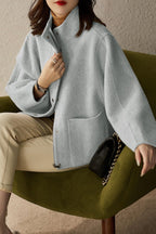 Chouyatou Women's Casual Stand Collar Single Breasted Short Wool Pea Coat Overcoat with Pockets