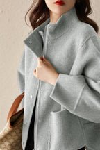 Chouyatou Women's Casual Stand Collar Single Breasted Short Wool Pea Coat Overcoat with Pockets