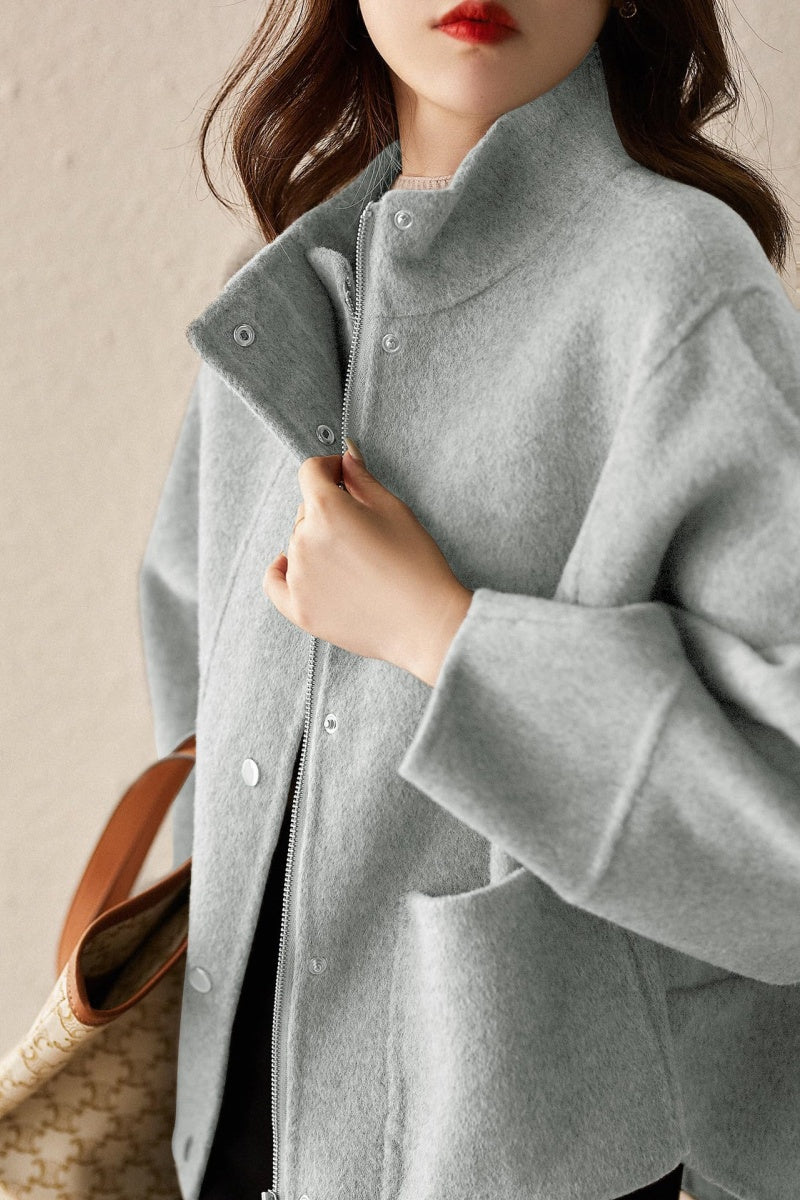 Chouyatou Women's Casual Stand Collar Single Breasted Short Wool Pea Coat Overcoat with Pockets