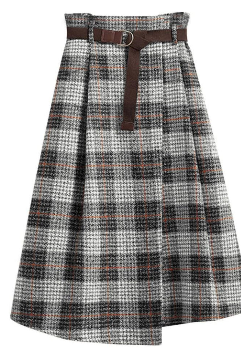 Chouyatou Women's Vintage Plaid Wool Blend Midi Skirt Houndstooth A Line Wool Long Skirt with Belt
