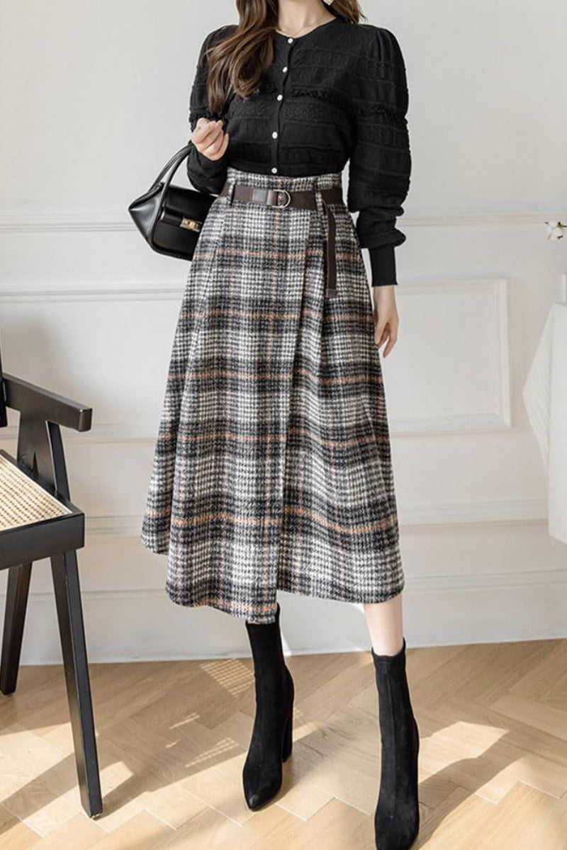 Chouyatou Women's Vintage Plaid Wool Blend Midi Skirt Houndstooth A Line Wool Long Skirt with Belt