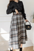 Chouyatou Women's Vintage Plaid Wool Blend Midi Skirt Houndstooth A Line Wool Long Skirt with Belt