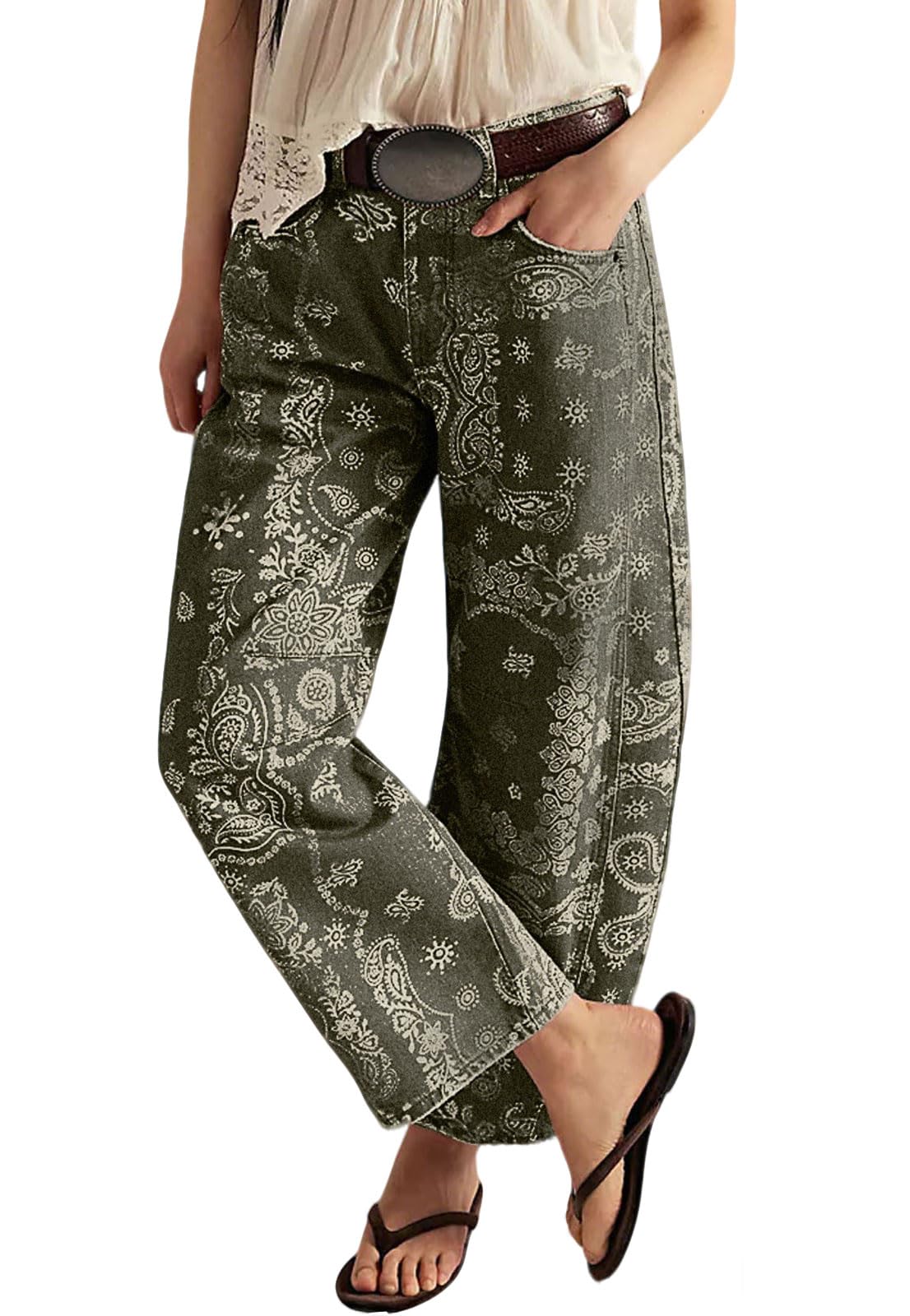 Chouyatou Women Boyfriend Baggy Barrel Jeans Floral Print Denim Ankle Pants Wide Leg Mid Rise Jeans Sweatpants Y2k Patchwork