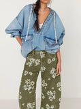 Chouyatou Women Y2k Distressed Barrel Jeans Baggy Wide Leg Jeans Floral Printed Boyfriend Patchwork Denim Pants