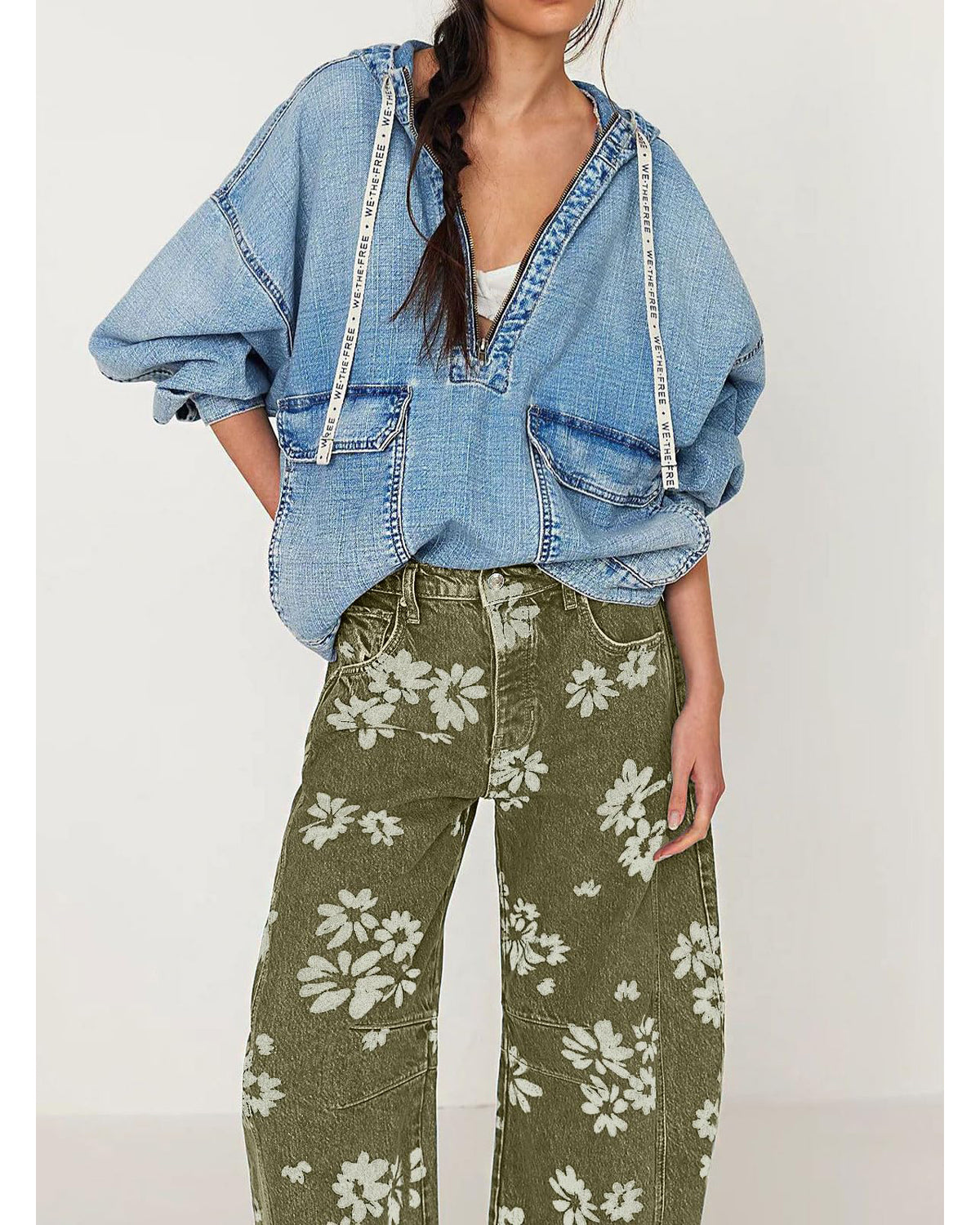 Chouyatou Women Y2k Distressed Barrel Jeans Baggy Wide Leg Jeans Floral Printed Boyfriend Patchwork Denim Pants