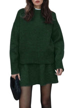 Chouyatou Women Sweater Skirt Sets 2 Pieces Outfits Loose Fit Pullover Sweater Knitted Mini Skirt