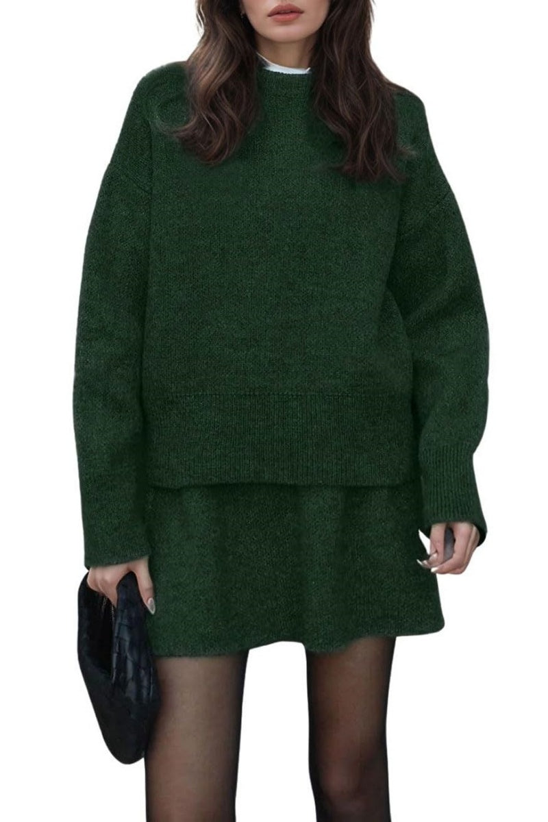 Chouyatou Women Sweater Skirt Sets 2 Pieces Outfits Loose Fit Pullover Sweater Knitted Mini Skirt