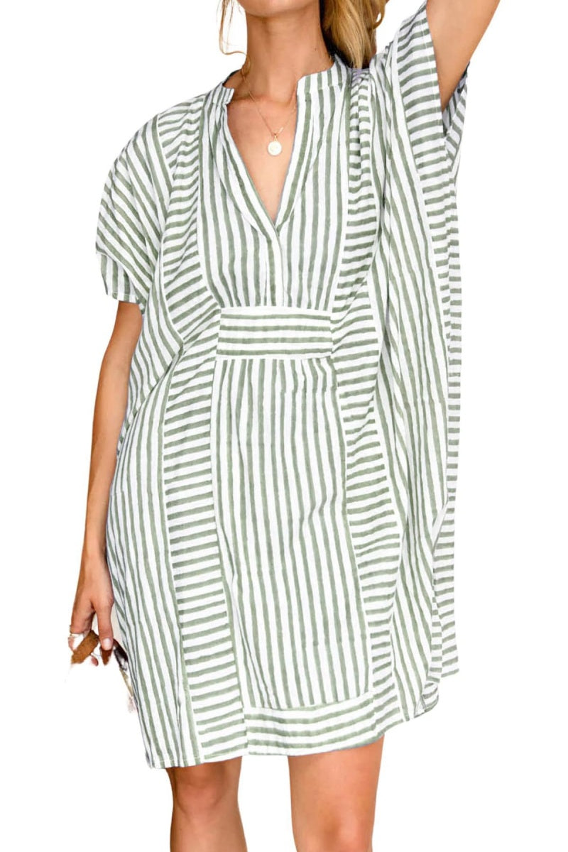 Chouyatou Womens Summer Loose Stripe Beach Dress Cover Ups Casual Batwing Sleeve Midi Tunic Shirt Dress