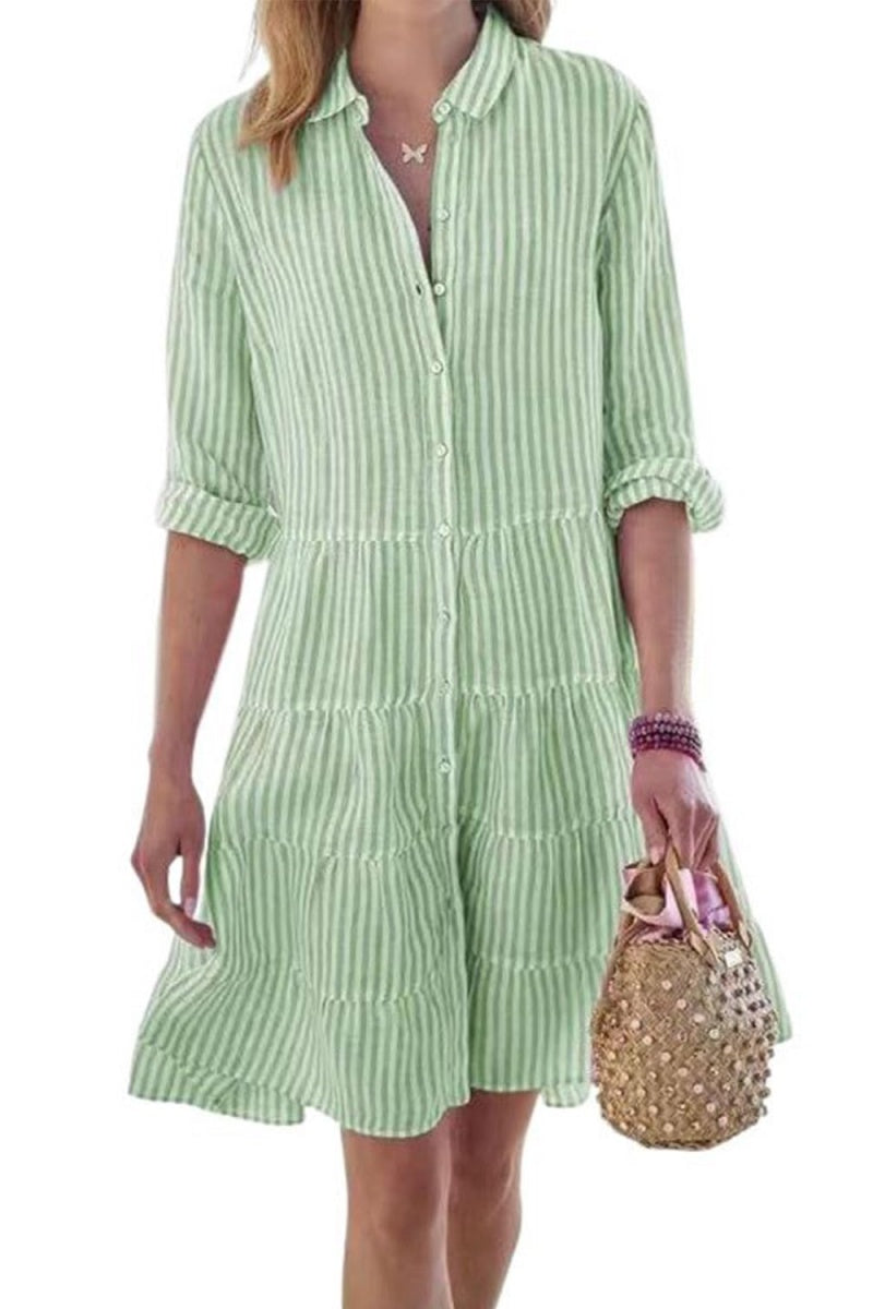 Chouyatou Womens Striped Button Down Midi Shirt Dress Casual Loose Cuffed Long Sleeve Mid Long Dresses