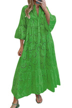 Chouyatou Women's Lace Eyelet Embroidery Maxi Dress V-Neck Trumpet Sleeve Boho Flowy Swing Dress
