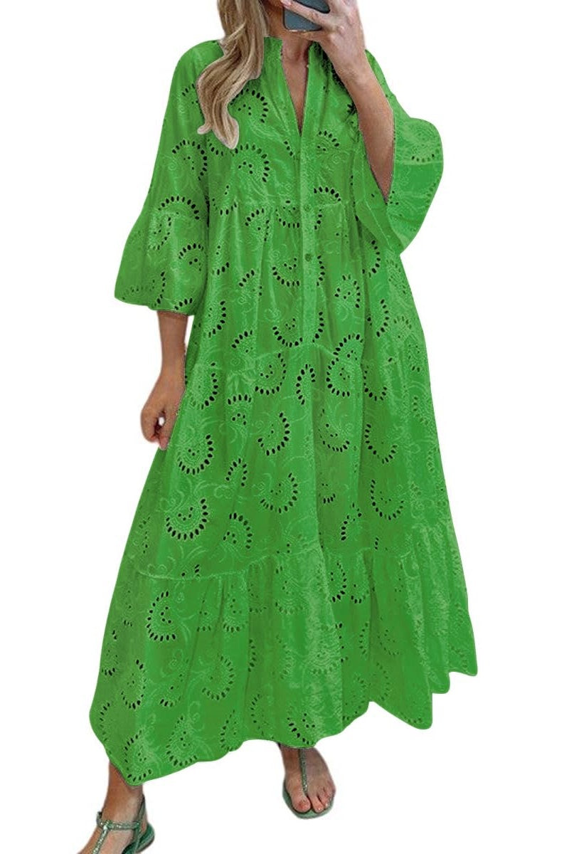 Chouyatou Women's Lace Eyelet Embroidery Maxi Dress V-Neck Trumpet Sleeve Boho Flowy Swing Dress