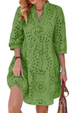 Chouyatou Women's 2025 Eyelet Lace Midi Dress V Neck Puff 3/4 Sleeve Button Tiered Sexy A Line Sun Dress