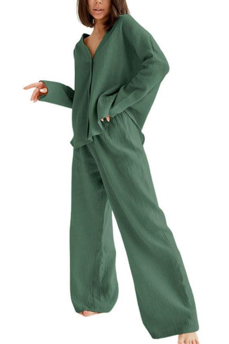 Chouyatou Womens Cotton Gauze Loungewear Sets Casual 2 Piece Sleepwear Button Down Shirt and Wide Leg Pants Outfits