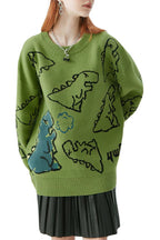 Chouyatou Women's Dinosaur Graphic Sweaters Cartoon Kwaii Knit Crewneck Long Sleeve Oversized Pullover Jumpers