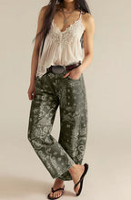 Chouyatou Women Boyfriend Baggy Barrel Jeans Floral Print Denim Ankle Pants Wide Leg Mid Rise Jeans Sweatpants Y2k Patchwork