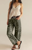 chouyatou Women Boyfriend Baggy Barrel Jeans Floral Print Denim Ankle Pants Wide Leg Mid Rise Jeans Sweatpants Y2k Patchwork