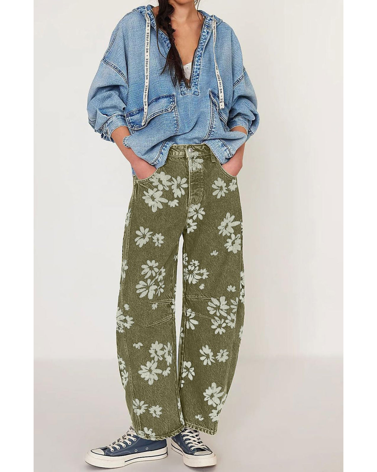 Chouyatou Women Y2k Distressed Barrel Jeans Baggy Wide Leg Jeans Floral Printed Boyfriend Patchwork Denim Pants