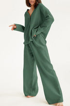Chouyatou Womens Cotton Gauze Loungewear Sets Casual 2 Piece Sleepwear Button Down Shirt and Wide Leg Pants Outfits