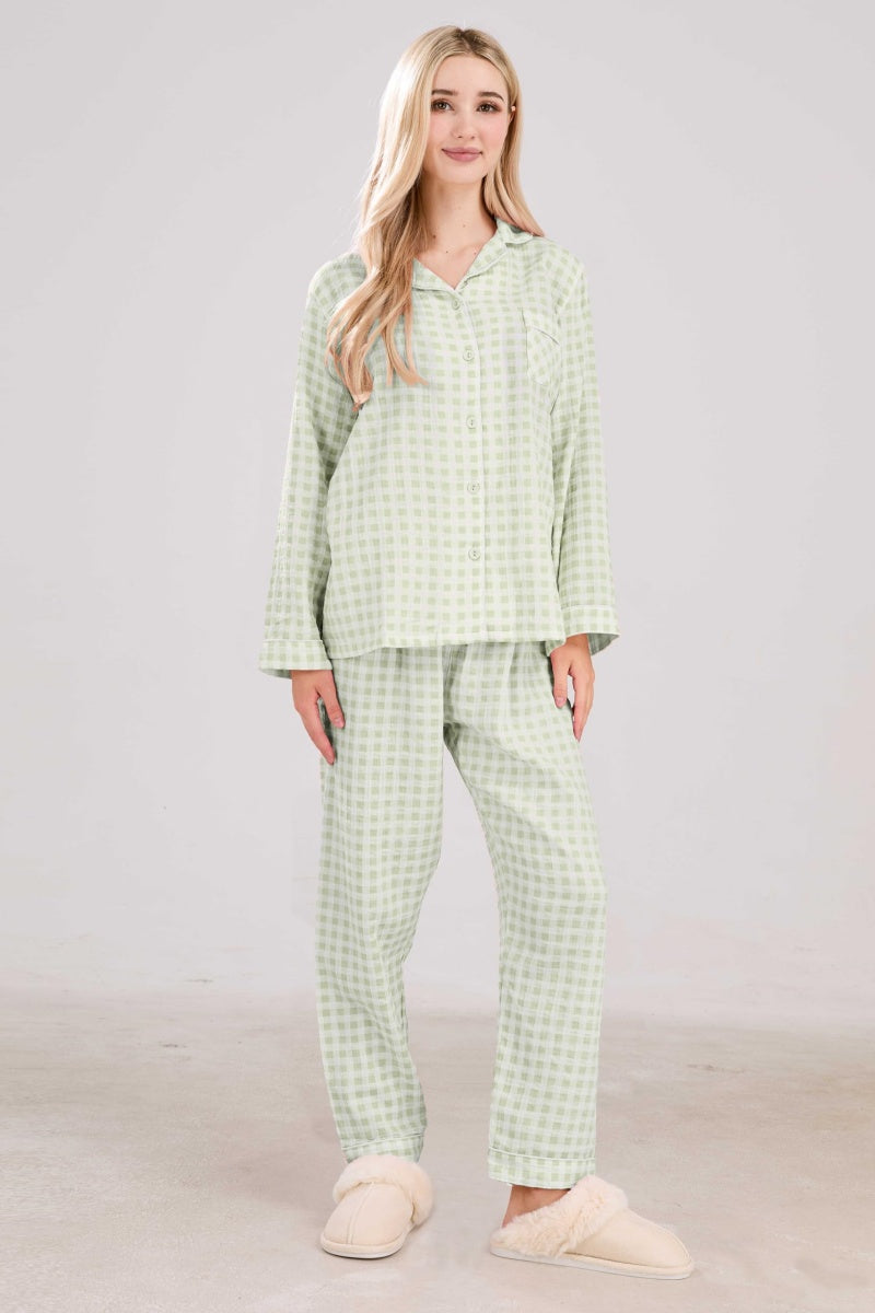 Chouyatou Cotton Pajama Sets Long Sleeve Button Down Shirt and Pants Sleepwear 2 Piece Gingham Pj Set
