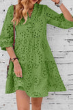 Chouyatou Women's 2025 Eyelet Lace Midi Dress V Neck Puff 3/4 Sleeve Button Tiered Sexy A Line Sun Dress