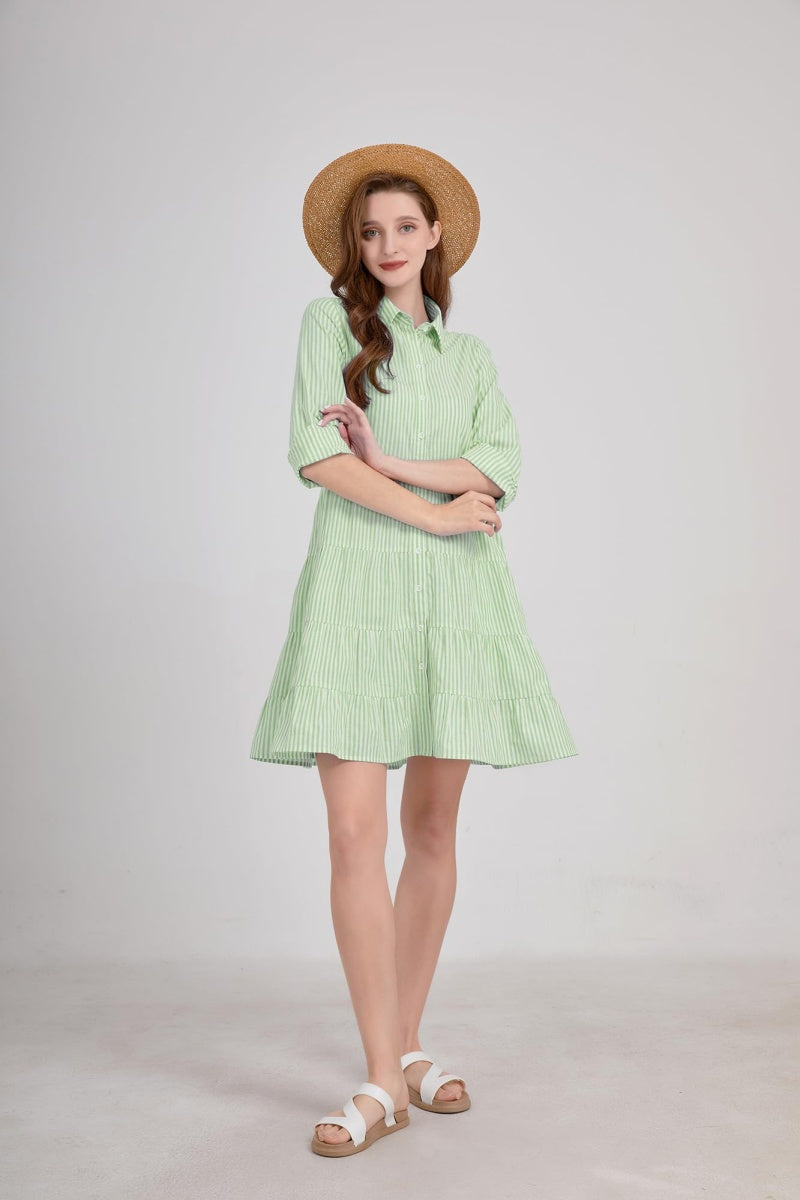 Chouyatou Womens Striped Button Down Midi Shirt Dress Casual Loose Cuffed Long Sleeve Mid Long Dresses