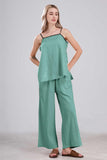 Chouyatou Womens 2 Piece Outfits Cotton Linen Set Spaghetti Strap Cami Top and Wide Leg Pants Matching Sets