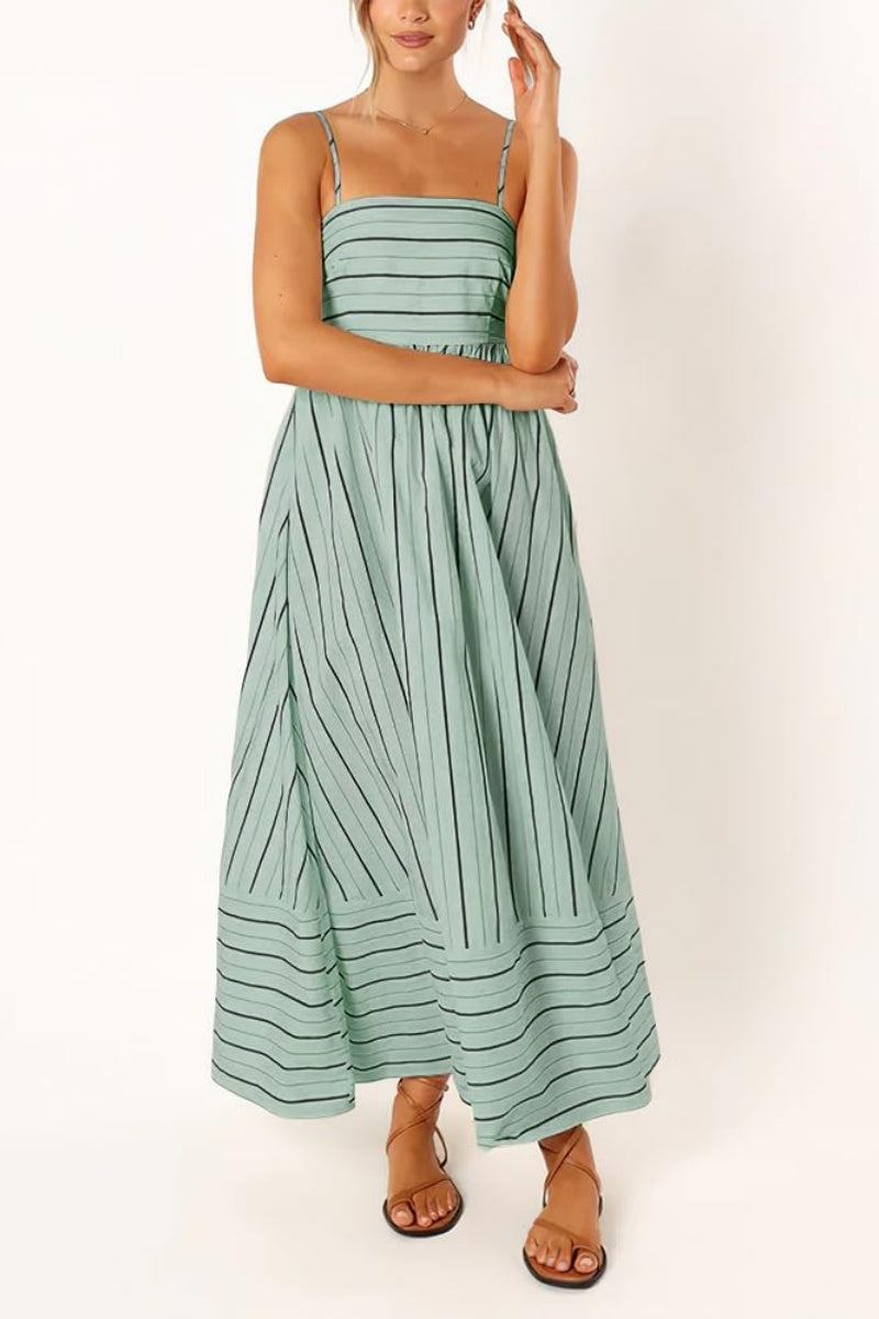 Chouyatou Women's Striped Back Smocked Maxi Dress Sexy Spaghetti Strap Cut Out Flowy Swing Long Dress