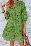Chouyatou Women's 2025 Eyelet Lace Midi Dress V Neck Puff 3/4 Sleeve Button Tiered Sexy A Line Sun Dress