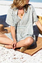 Chouyatou Womens Summer Loose Stripe Beach Dress Cover Ups Casual Batwing Sleeve Midi Tunic Shirt Dress
