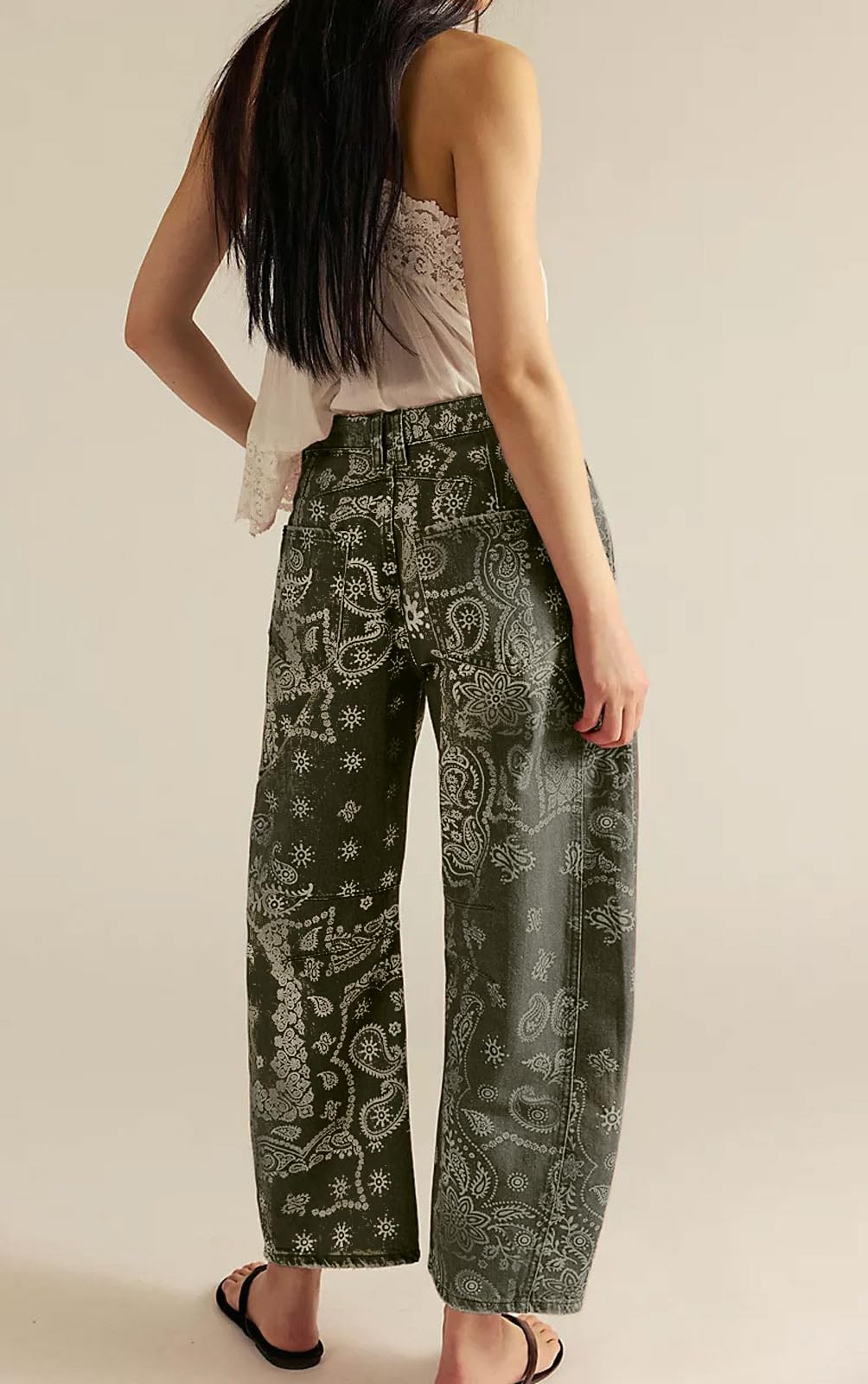 Chouyatou Women Boyfriend Baggy Barrel Jeans Floral Print Denim Ankle Pants Wide Leg Mid Rise Jeans Sweatpants Y2k Patchwork