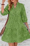 Chouyatou Women's 2025 Eyelet Lace Midi Dress V Neck Puff 3/4 Sleeve Button Tiered Sexy A Line Sun Dress