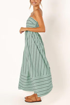 Chouyatou Women's Striped Back Smocked Maxi Dress Sexy Spaghetti Strap Cut Out Flowy Swing Long Dress