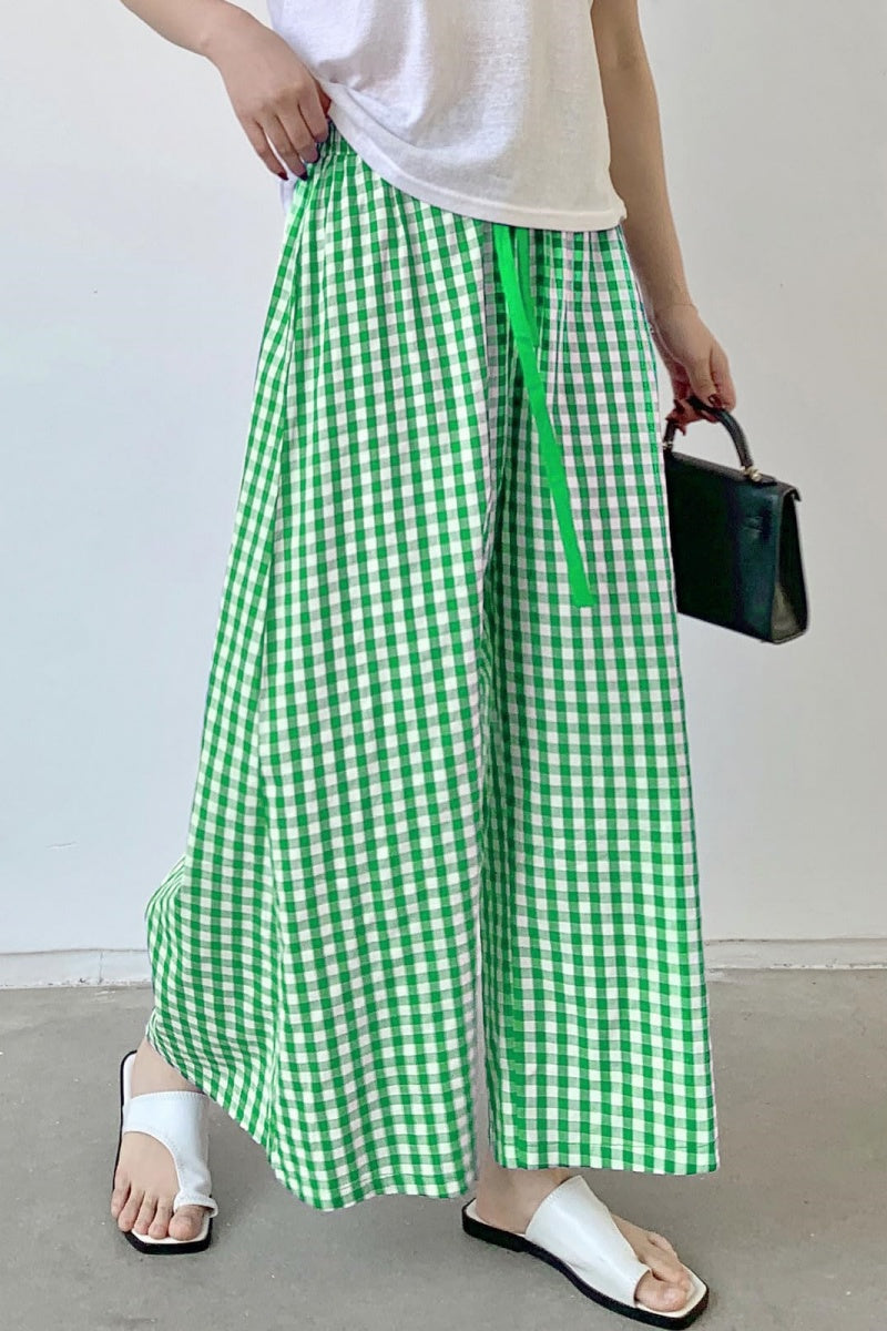 Chouyatou Women's Plaid Wide Leg Culotte Pants Gingham High Elastic Waisted Cropped Palazzo Pants with Pockets