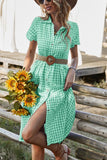 Chouyatou Women's Summer Flutter Sleeve Midi Long Gingham Dress Plaid Button Down Shirt Dress