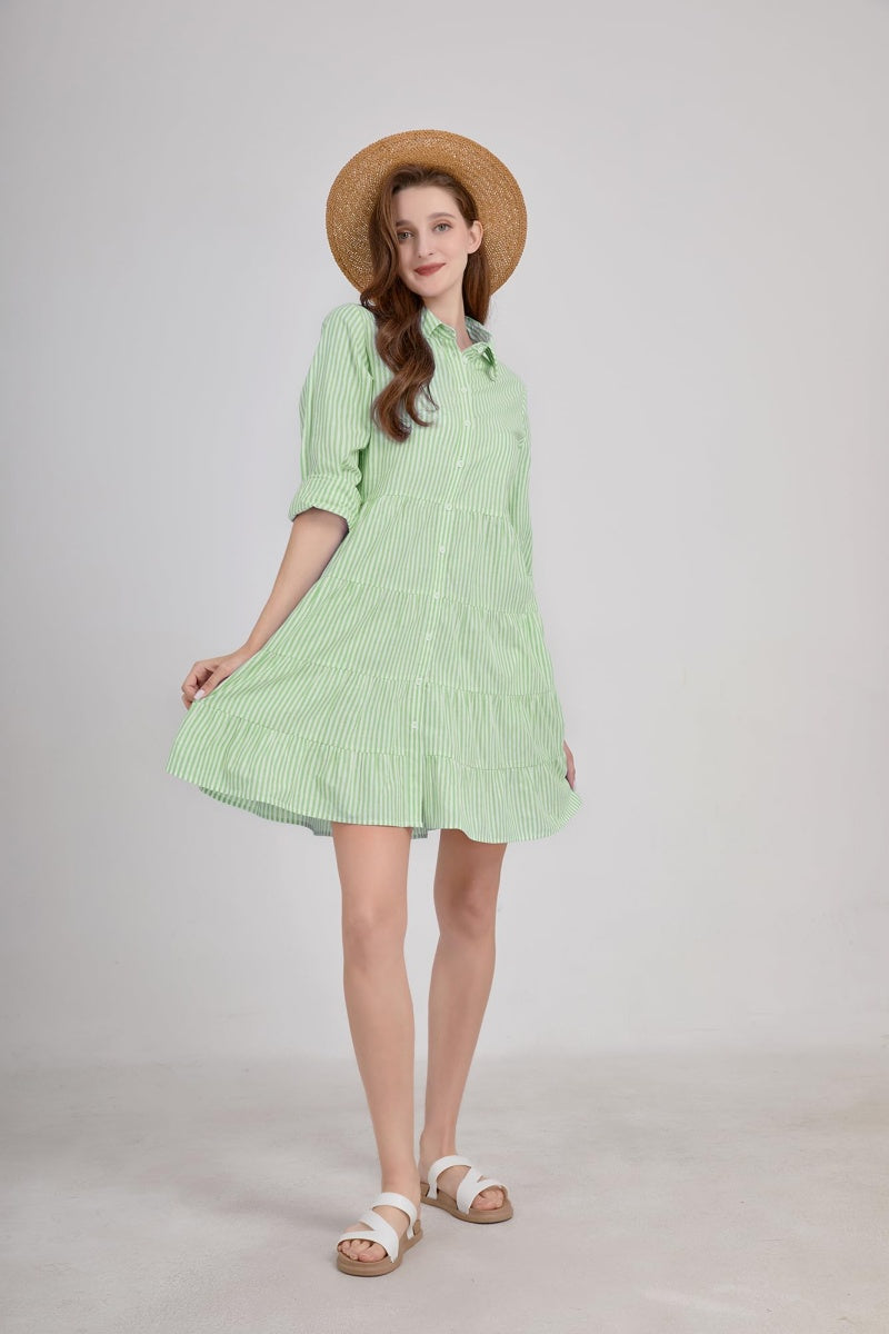 Chouyatou Womens Striped Button Down Midi Shirt Dress Casual Loose Cuffed Long Sleeve Mid Long Dresses