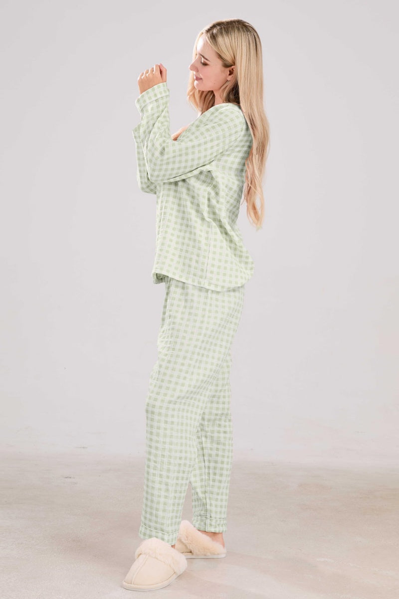 Chouyatou Cotton Pajama Sets Long Sleeve Button Down Shirt and Pants Sleepwear 2 Piece Gingham Pj Set