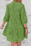 Chouyatou Women's 2025 Eyelet Lace Midi Dress V Neck Puff 3/4 Sleeve Button Tiered Sexy A Line Sun Dress