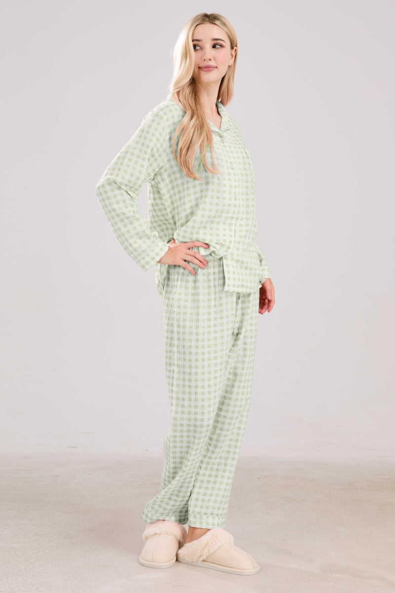 Chouyatou Cotton Pajama Sets Long Sleeve Button Down Shirt and Pants Sleepwear 2 Piece Gingham Pj Set