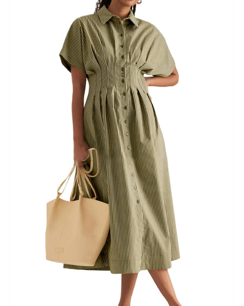 Chouyatou Women's Contrast Color Striped Shirt Dress Pleated Button Down Maxi Long Tunic Dress
