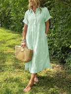 Chouyatou Women's Summer Striped Midi Long Shirt Dress Casual Loose Short Sleeve Button Down Dress