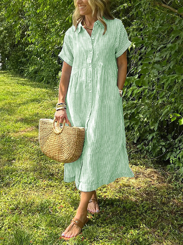 Chouyatou Women's Summer Striped Midi Long Shirt Dress Casual Loose Short Sleeve Button Down Dress