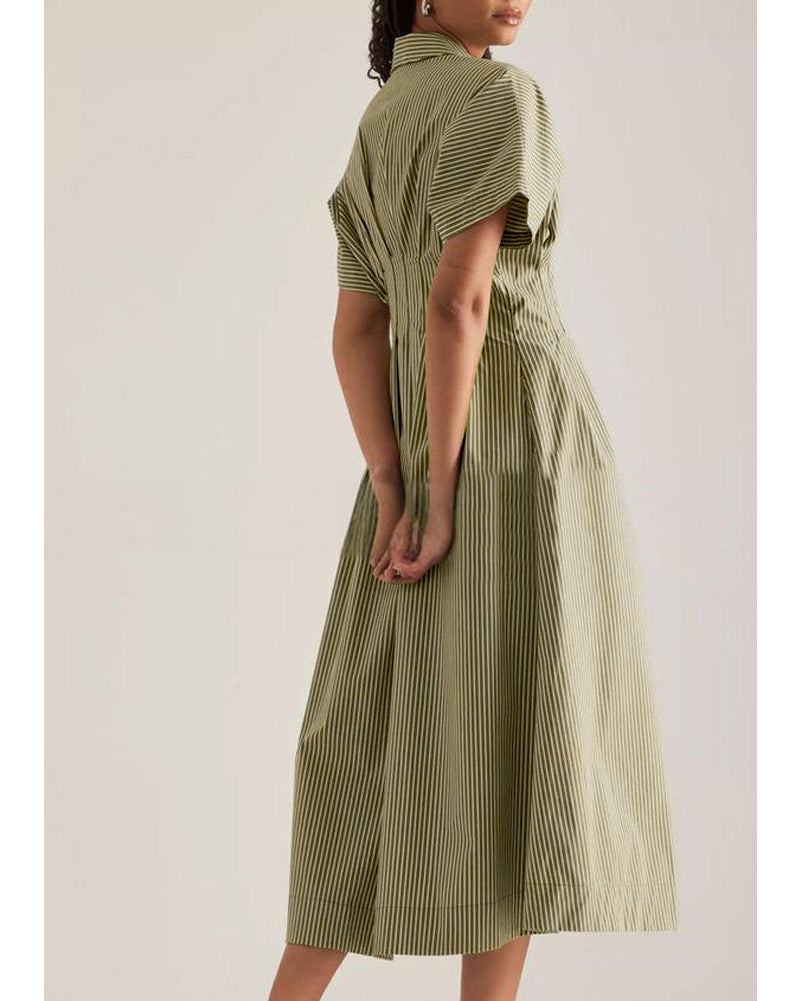 Chouyatou Women's Contrast Color Striped Shirt Dress Pleated Button Down Maxi Long Tunic Dress