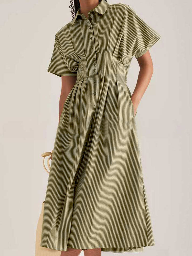 Chouyatou Women's Contrast Color Striped Shirt Dress Pleated Button Do CHOUYATOU Chouyatou Women's Contrast Color Striped Shirt Dress Pleated Button Do CHOUYATOU
